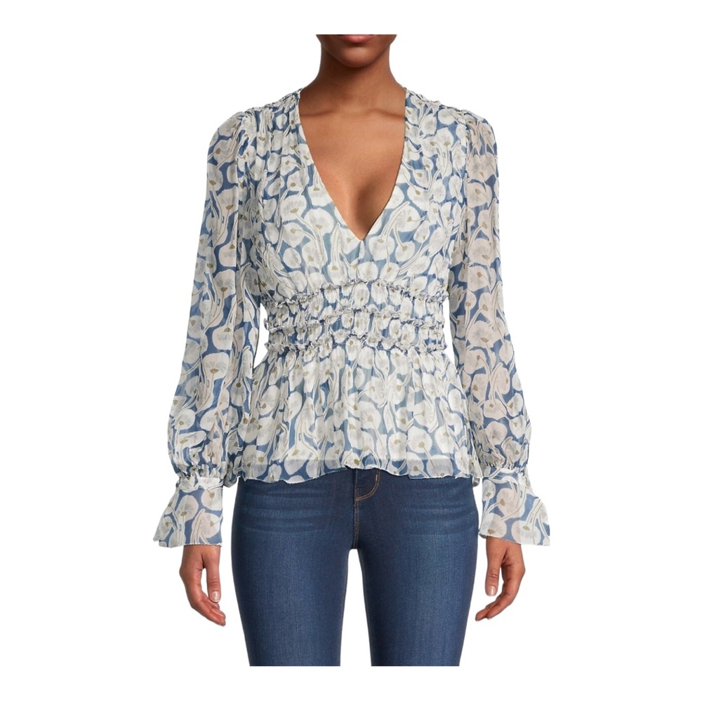 NWOT Beautiful Rebecca Taylor Deco Fleur Blue L/S Silk Ruffle Floral Blouse 10